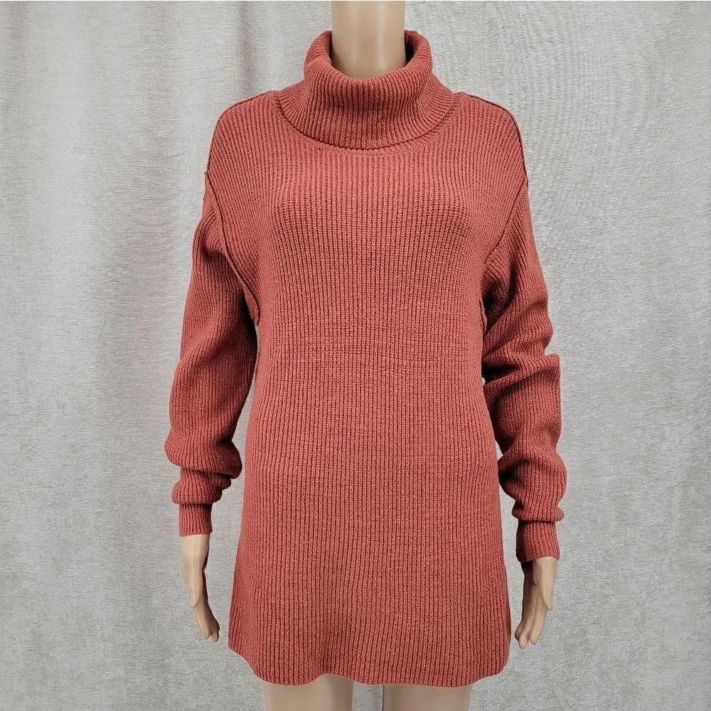By Together Rust Ribbed Knit Turtleneck Sweater Drop Shoulder Long Sleeves